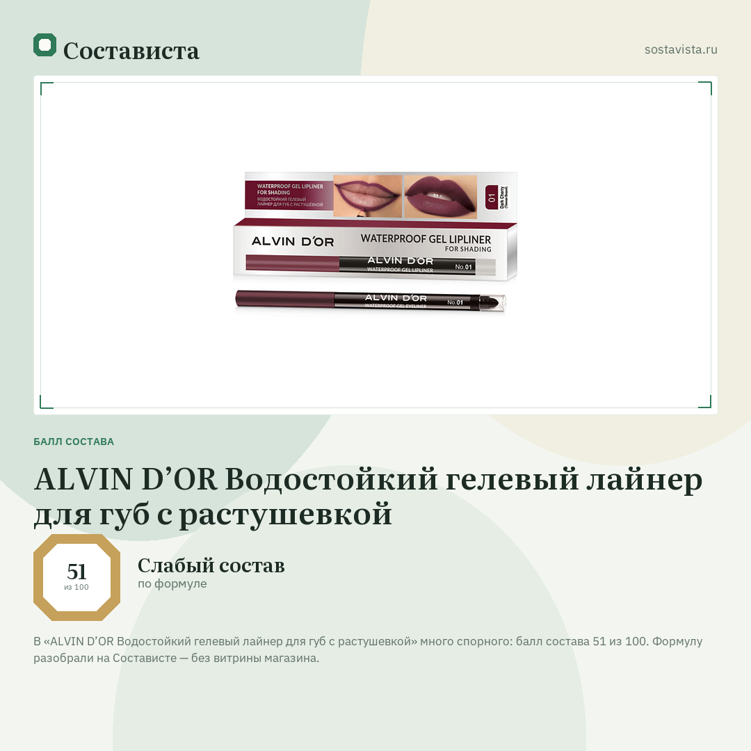 ALVIN D’OR Водостойкий гелевый лайнер для губ с растушевкой: балл состава 51 из 100 — Состависта