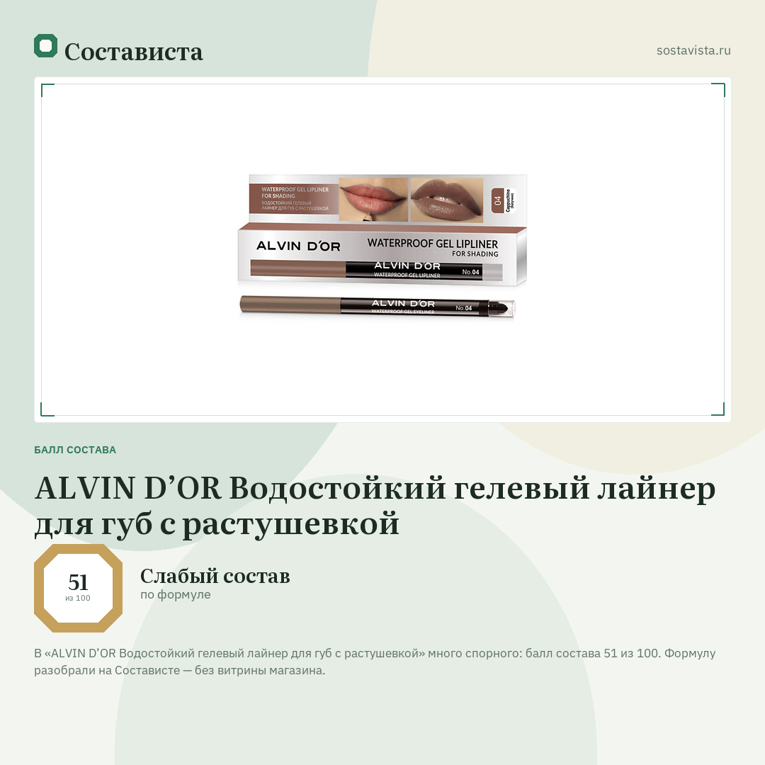 ALVIN D’OR Водостойкий гелевый лайнер для губ с растушевкой: балл состава 51 из 100 — Состависта