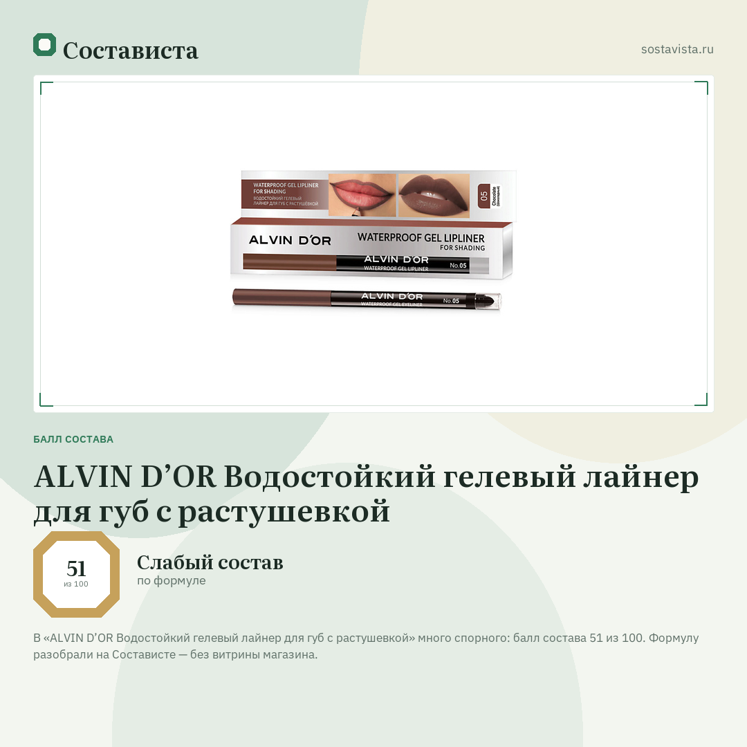 ALVIN D’OR Водостойкий гелевый лайнер для губ с растушевкой: балл состава 51 из 100 — Состависта
