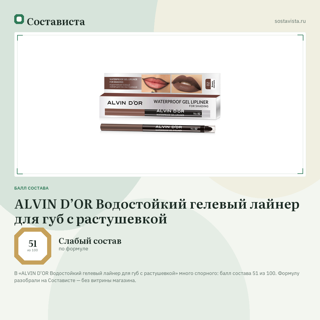 ALVIN D’OR Водостойкий гелевый лайнер для губ с растушевкой: балл состава 51 из 100 — Состависта