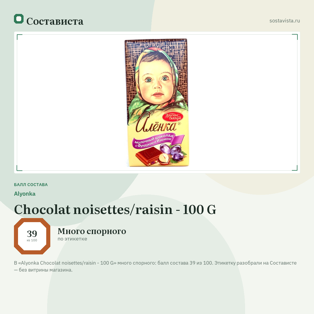 Alyonka Chocolat noisettes/raisin - 100 G: балл состава 39 из 100 — Состависта