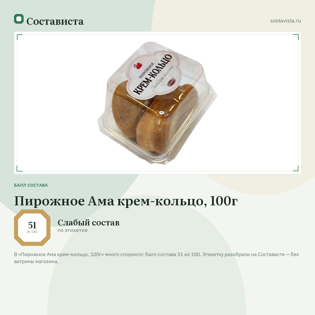 Пирожное Ама крем-кольцо, 100г: балл состава 51 из 100 — Состависта