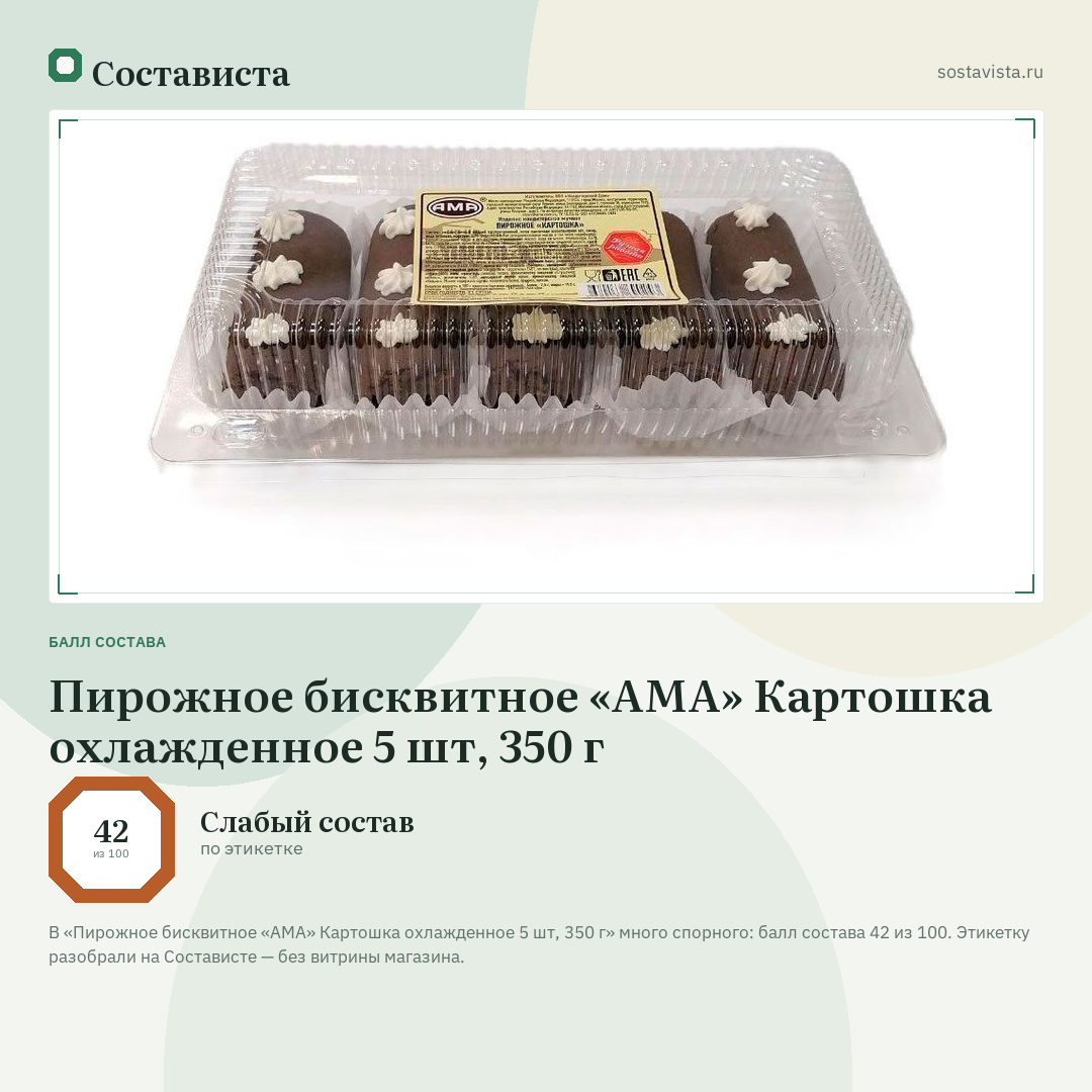 Пирожное бисквитное «АМА» Картошка охлажденное 5 шт, 350 г: балл состава 42 из 100 — Состависта