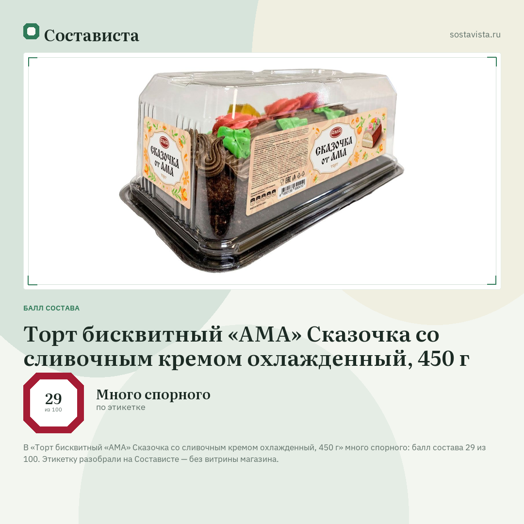 Торт бисквитный «АМА» Сказочка со сливочным кремом охлажденный, 450 г: балл состава 29 из 100 — Состависта