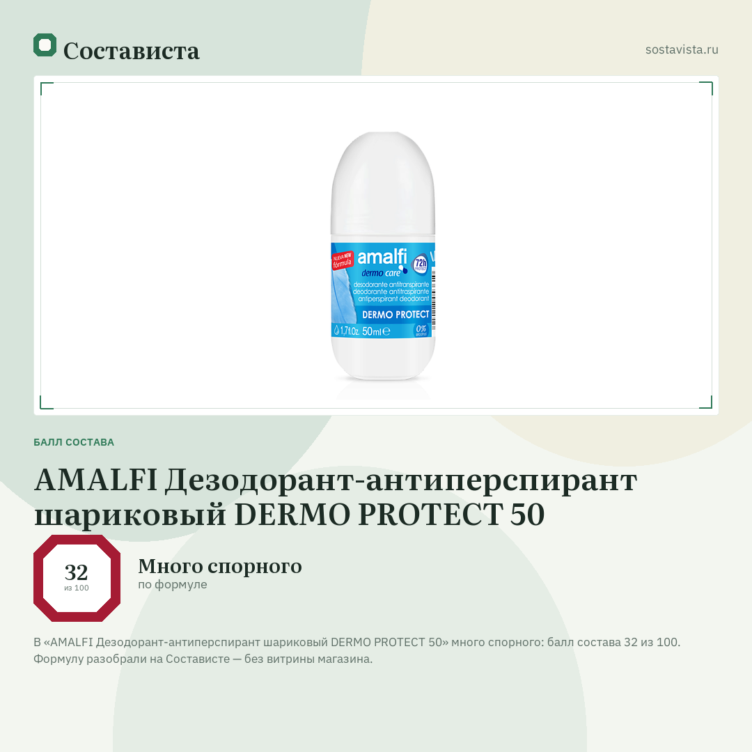 AMALFI Дезодорант-антиперспирант шариковый DERMO PROTECT 50: балл состава 32 из 100 — Состависта