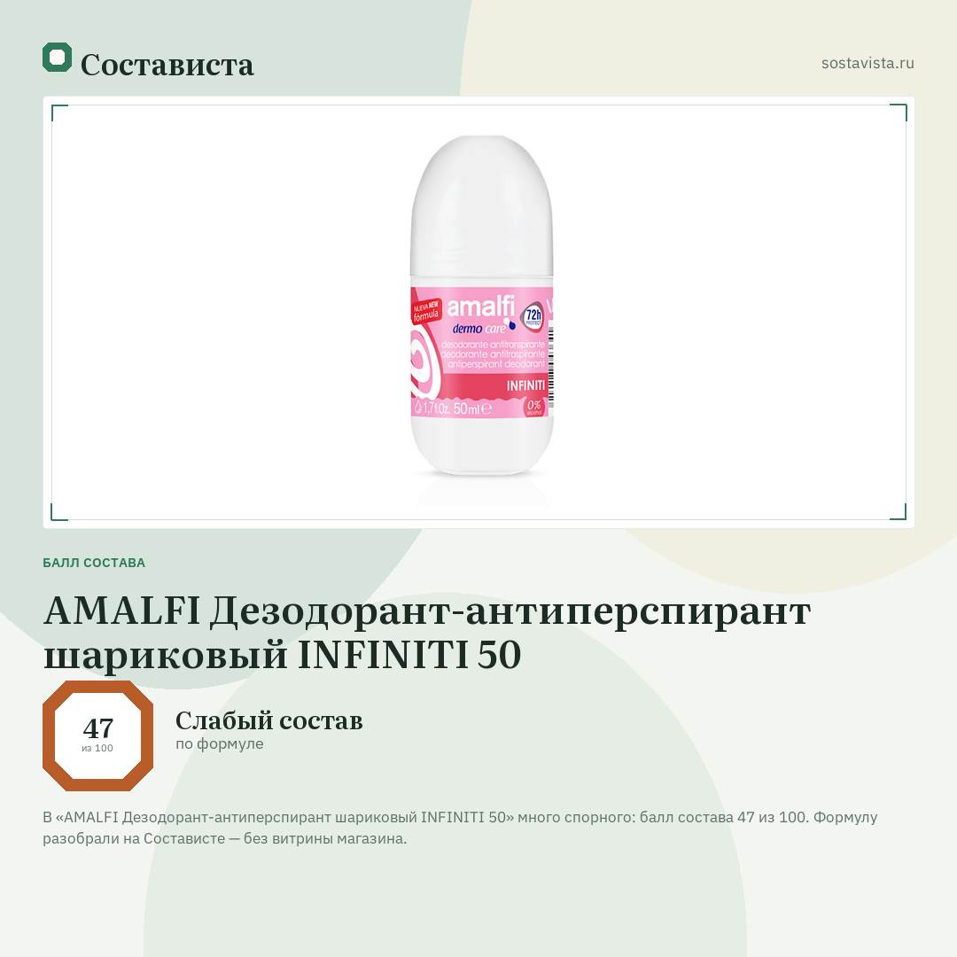AMALFI Дезодорант-антиперспирант шариковый INFINITI 50: балл состава 47 из 100 — Состависта