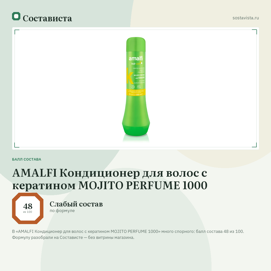 AMALFI Кондиционер для волос с кератином MOJITO PERFUME 1000: балл состава 48 из 100 — Состависта