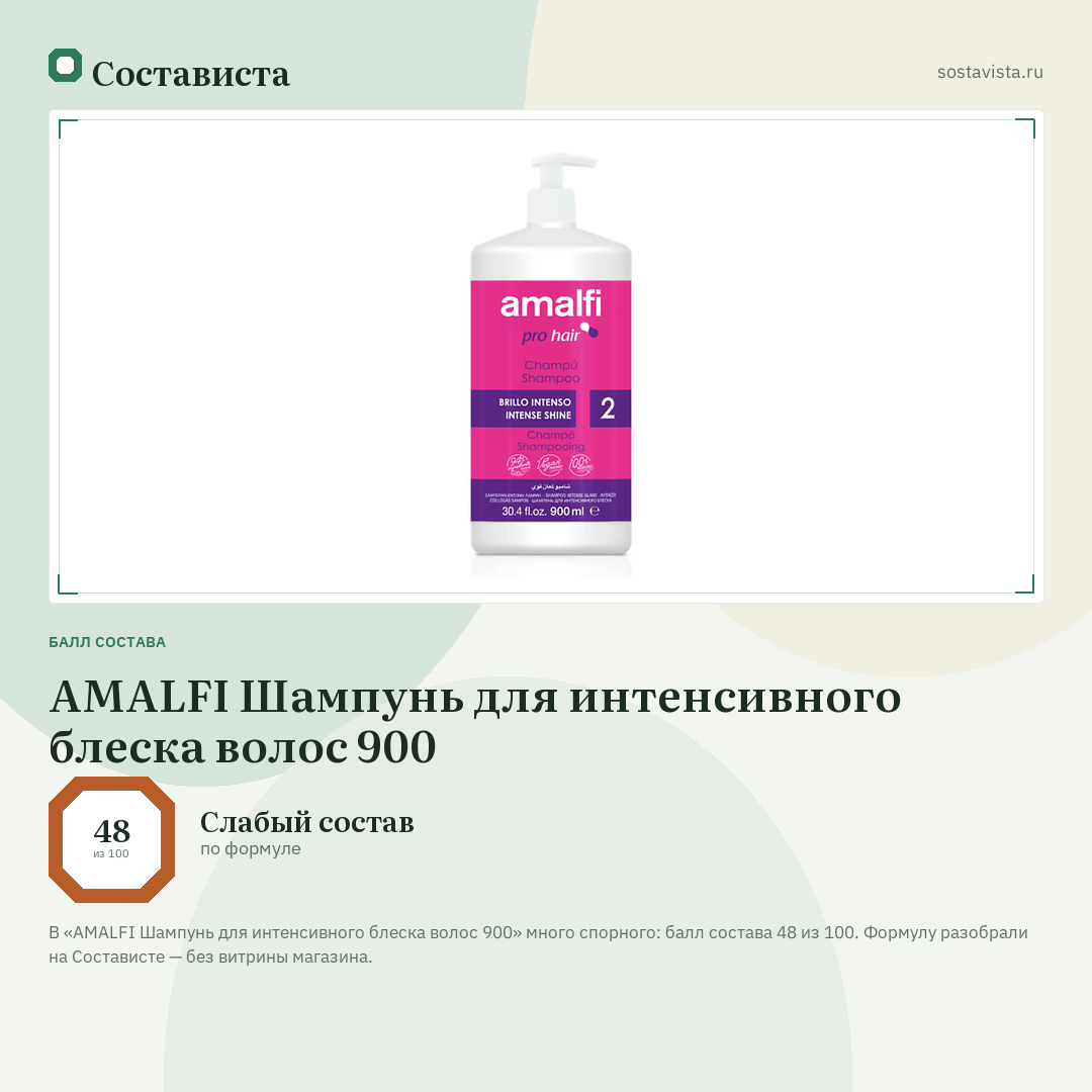 AMALFI Шампунь для интенсивного блеска волос 900: балл состава 48 из 100 — Состависта