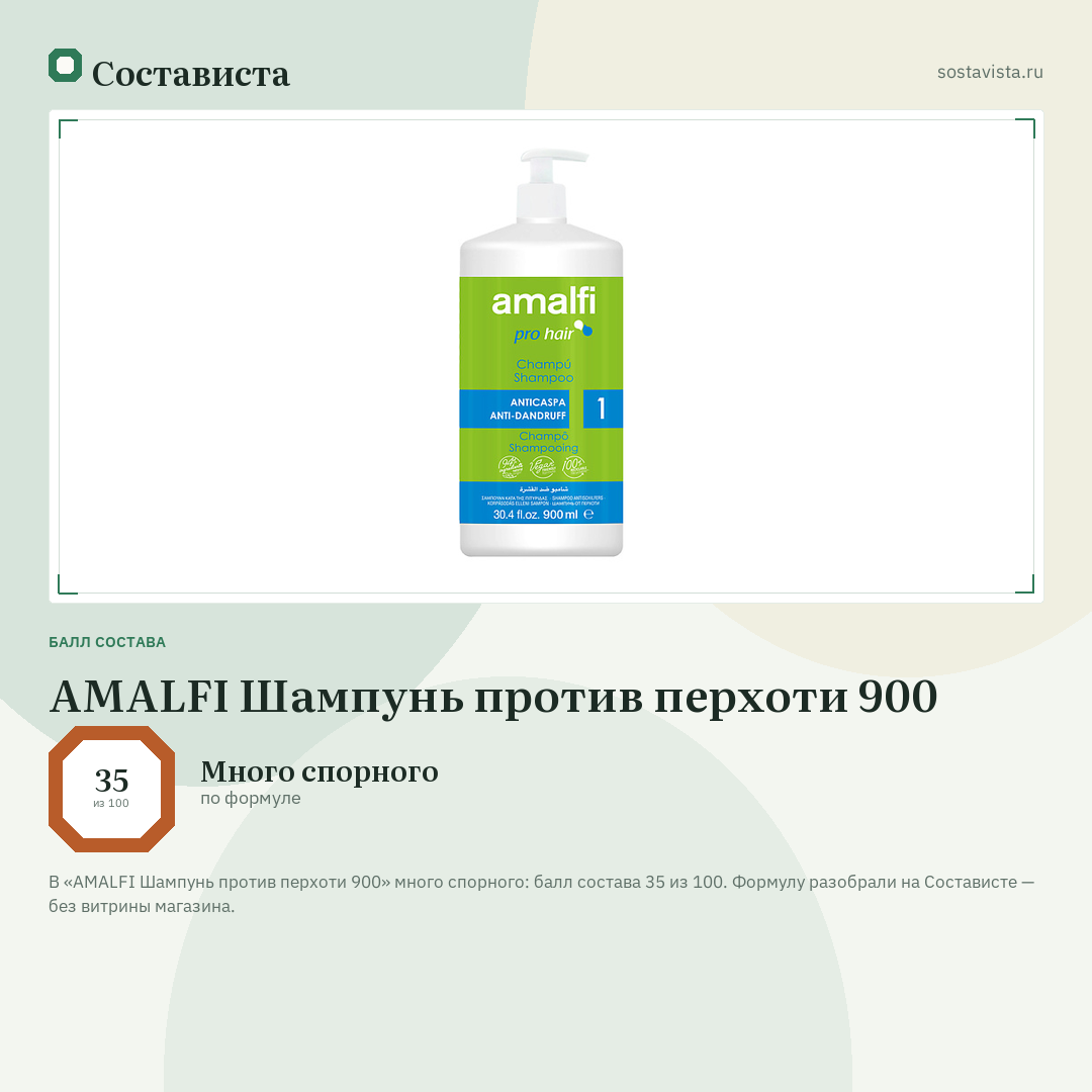 AMALFI Шампунь против перхоти 900: балл состава 35 из 100 — Состависта
