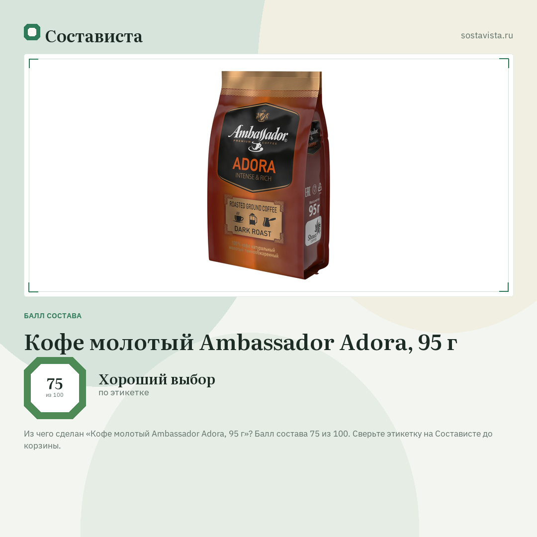 Кофе молотый Ambassador Adora, 95 г: балл состава 75 из 100 — Состависта