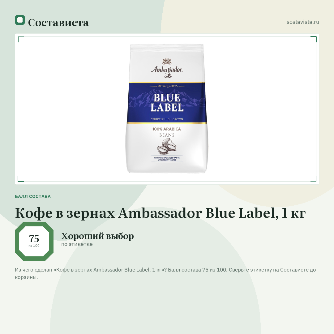 Кофе в зернах Ambassador Blue Label, 1 кг: балл состава 75 из 100 — Состависта