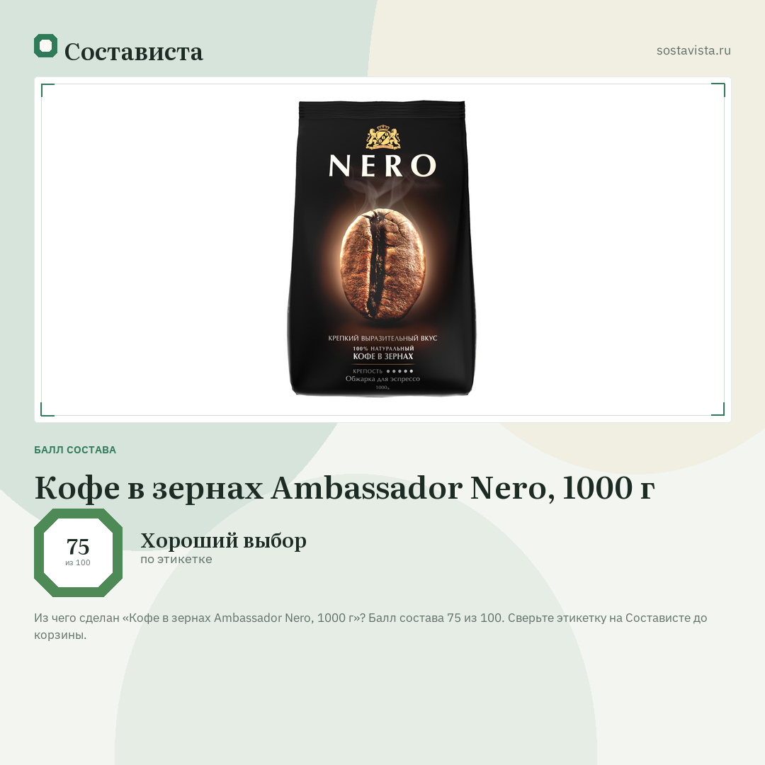 Кофе в зернах Ambassador Nero, 1000 г: балл состава 75 из 100 — Состависта