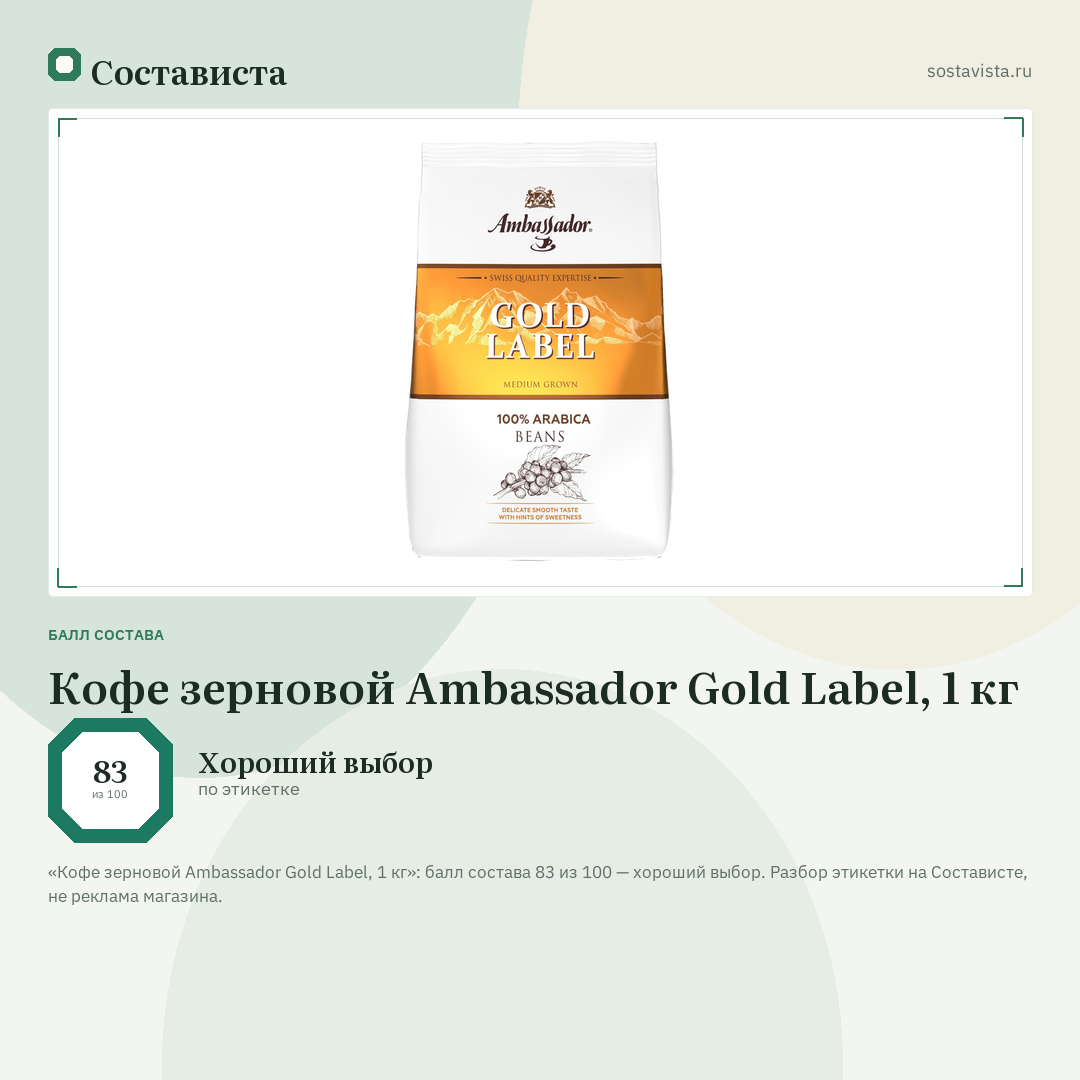 Кофе зерновой Ambassador Gold Label, 1 кг: балл состава 83 из 100 — Состависта