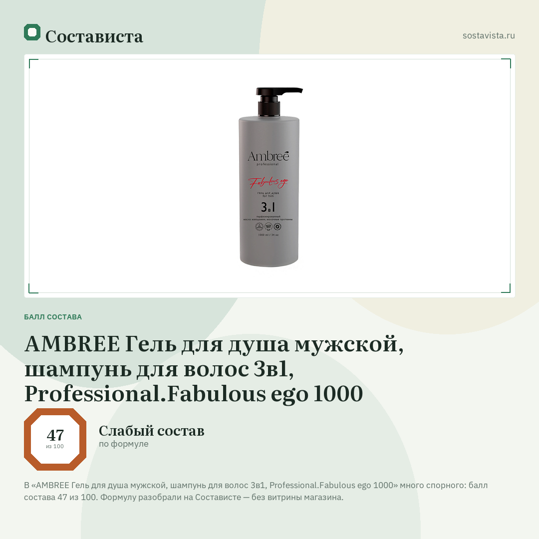 AMBREE Гель для душа мужской, шампунь для волос 3в1, Professional.Fabulous ego 1000: балл состава 47 из 100 — Состависта