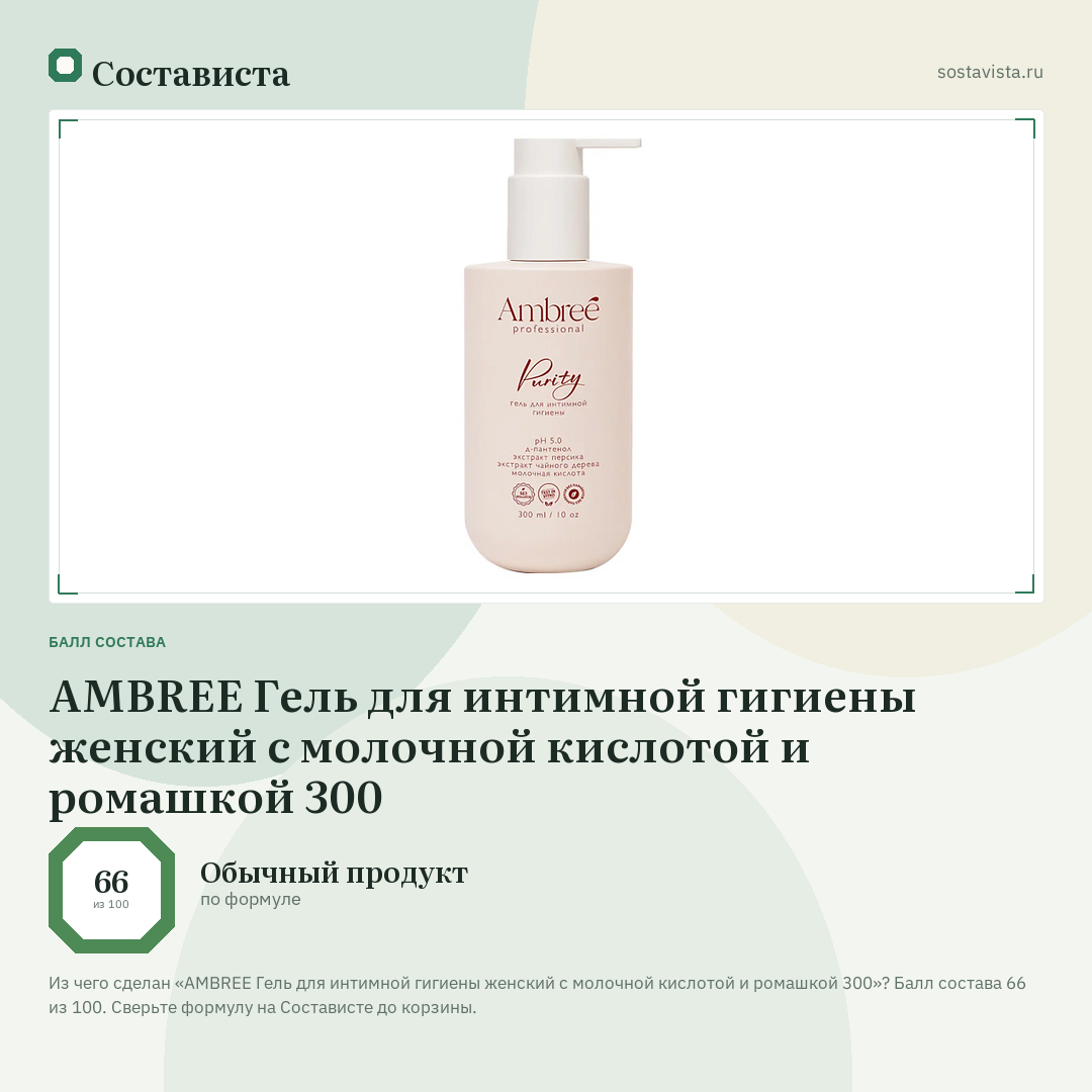 AMBREE Гель для интимной гигиены женский с молочной кислотой и ромашкой 300: балл состава 66 из 100 — Состависта