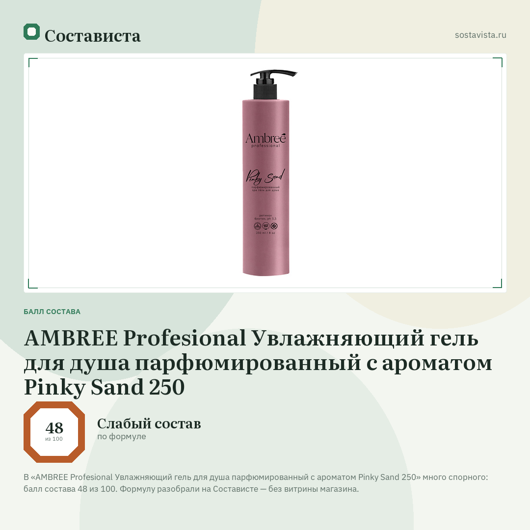 AMBREE Profesional Увлажняющий гель для душа парфюмированный с ароматом Pinky Sand 250: балл состава 48 из 100 — Состависта