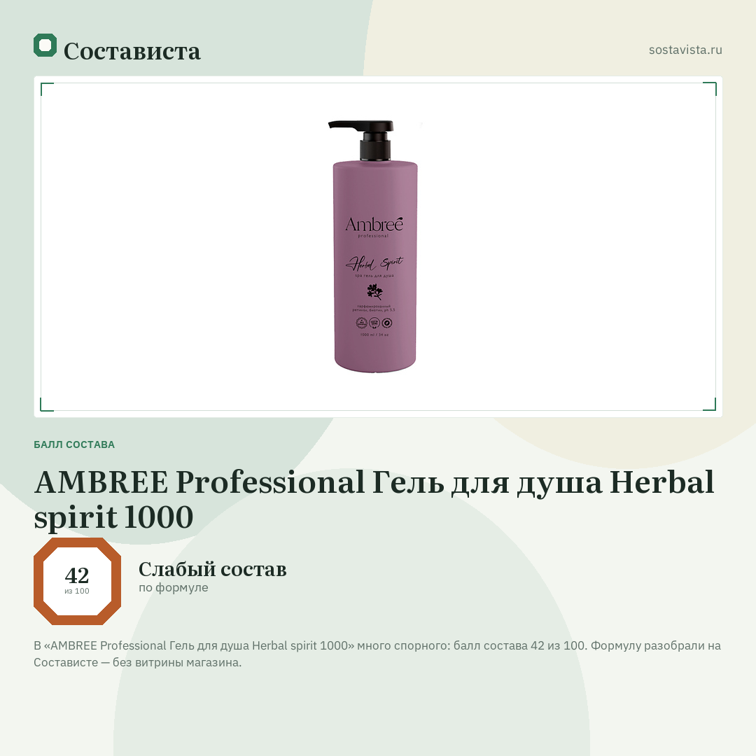 AMBREE Professional Гель для душа Herbal spirit 1000: балл состава 42 из 100 — Состависта