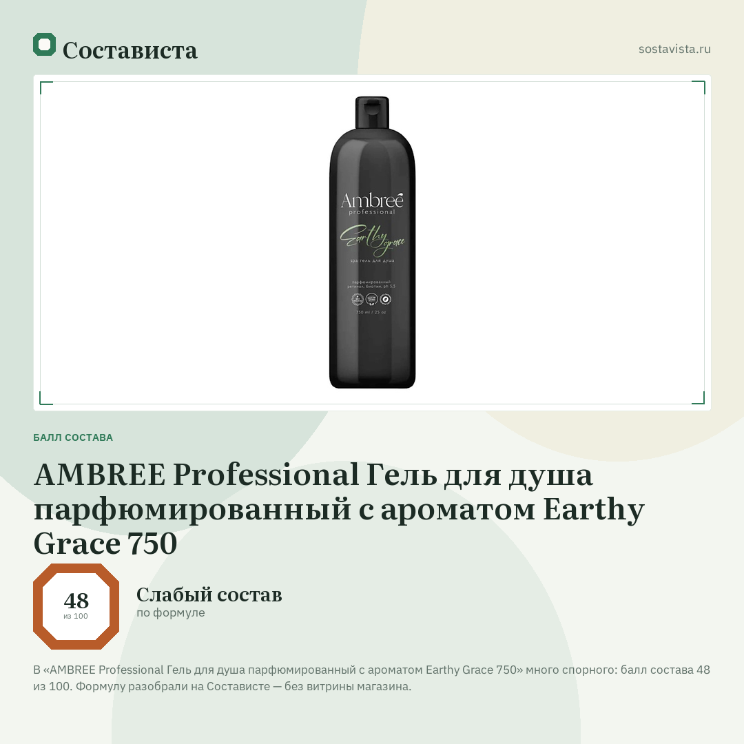 AMBREE Professional Гель для душа парфюмированный c ароматом Earthy Grace 750: балл состава 48 из 100 — Состависта