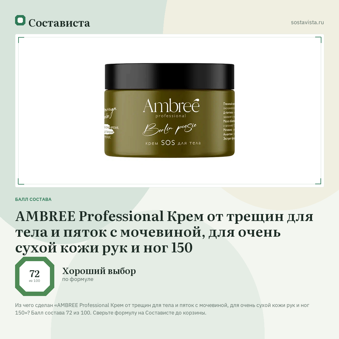 AMBREE Professional Крем от трещин для тела и пяток с мочевиной, для очень сухой кожи рук и ног 150: балл состава 72 из 100 — Состависта
