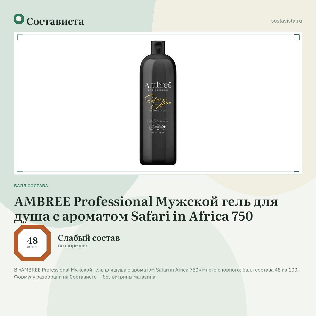 AMBREE Professional Мужской гель для душа с ароматом Safari in Africa 750: балл состава 48 из 100 — Состависта