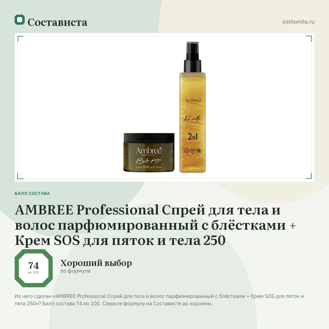 AMBREE Professional Спрей для тела и волос парфюмированный с блёстками + Крем SOS для пяток и тела 250: балл состава 74 из 100 — Состависта