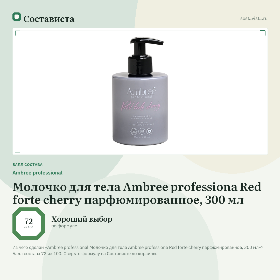 Ambree professional Молочко для тела Ambree professiona Red forte cherry парфюмированное, 300 мл: балл состава 72 из 100 — Состависта