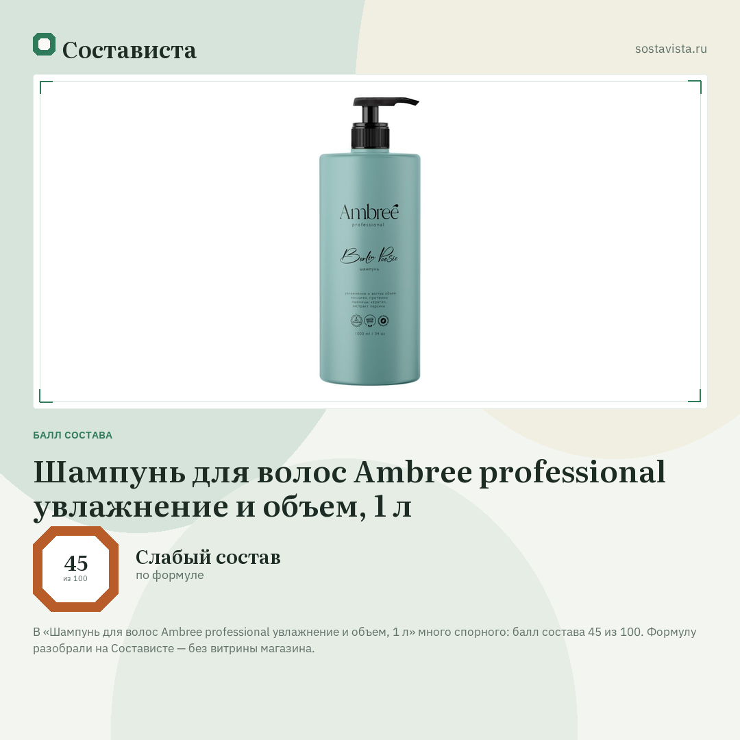 Шампунь для волос Ambree professional увлажнение и объем, 1 л: балл состава 45 из 100 — Состависта