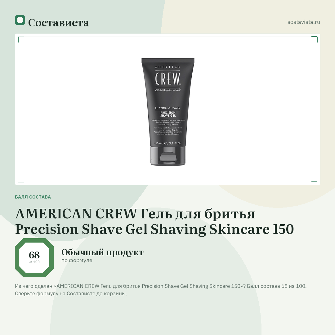 AMERICAN CREW Гель для бритья Precision Shave Gel Shaving Skincare 150: балл состава 68 из 100 — Состависта