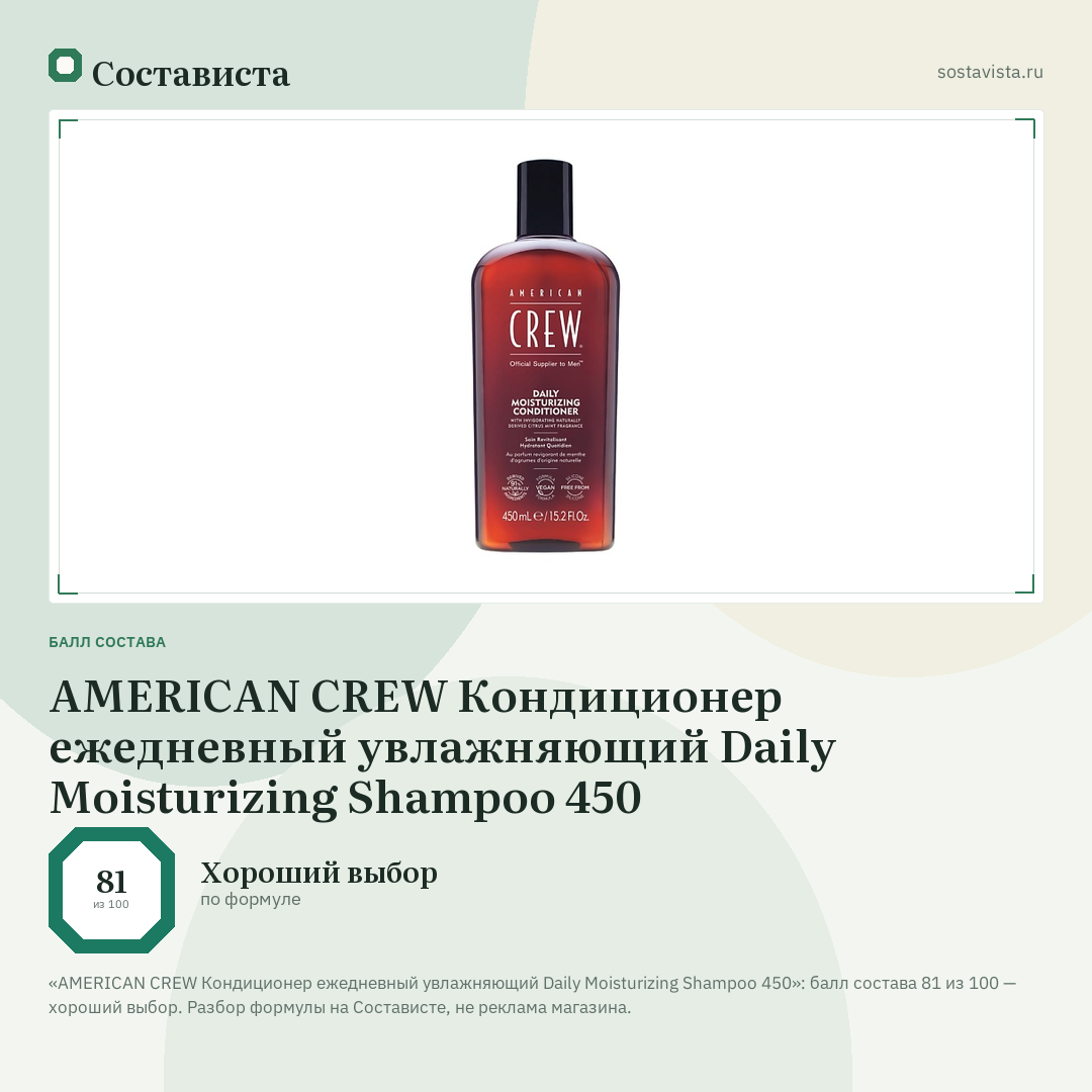 AMERICAN CREW Кондиционер ежедневный увлажняющий Daily Moisturizing Shampoo 450: балл состава 81 из 100 — Состависта