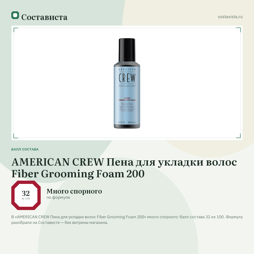 AMERICAN CREW Пена для укладки волос Fiber Grooming Foam 200: балл состава 32 из 100 — Состависта