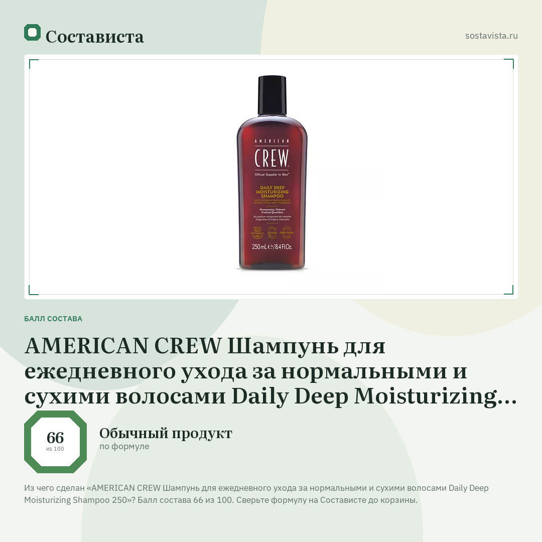 AMERICAN CREW Шампунь для ежедневного ухода за нормальными и сухими волосами Daily Deep Moisturizing Shampoo 250: балл состава 66 из 100 — Состависта