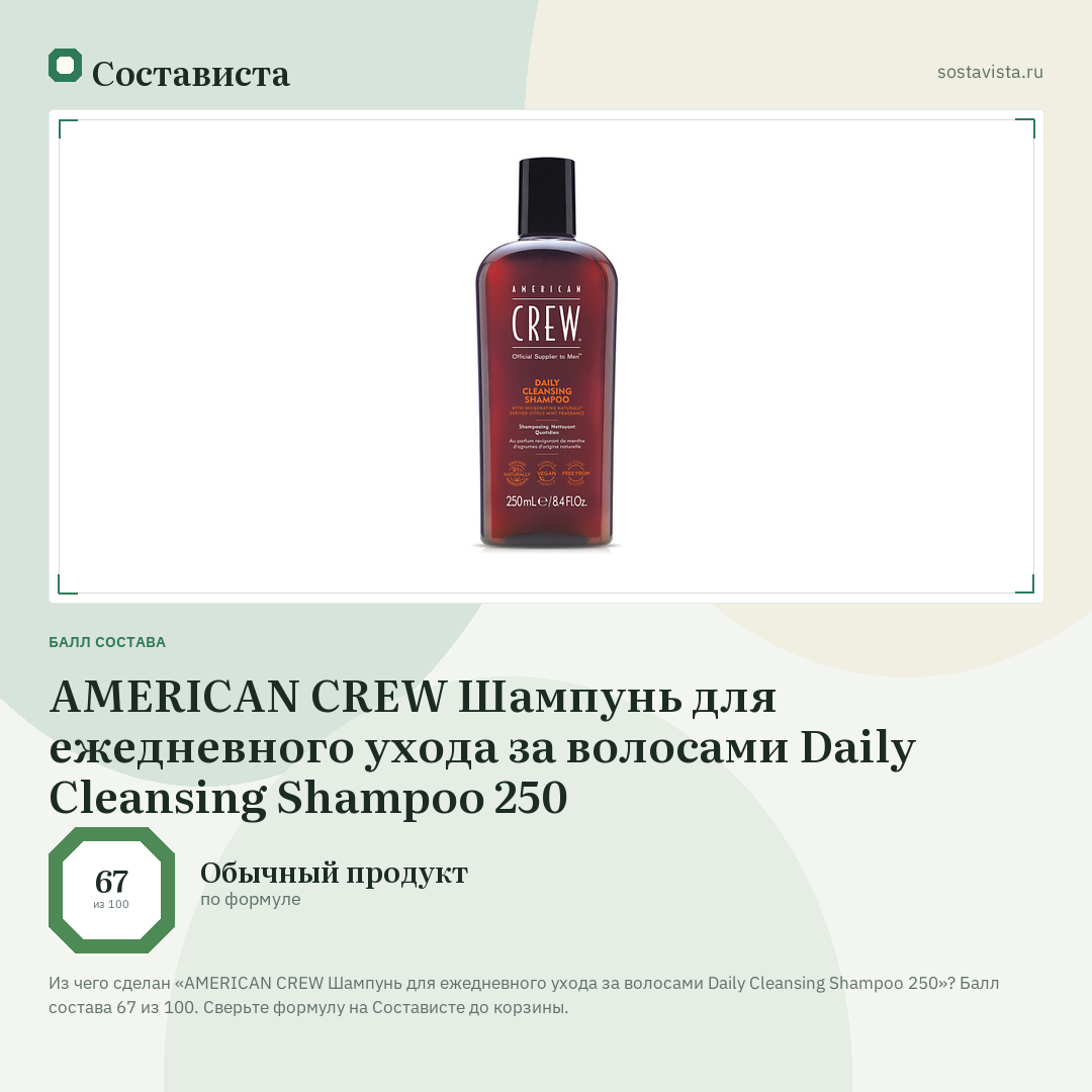 AMERICAN CREW Шампунь для ежедневного ухода за волосами Daily Cleansing Shampoo 250: балл состава 67 из 100 — Состависта