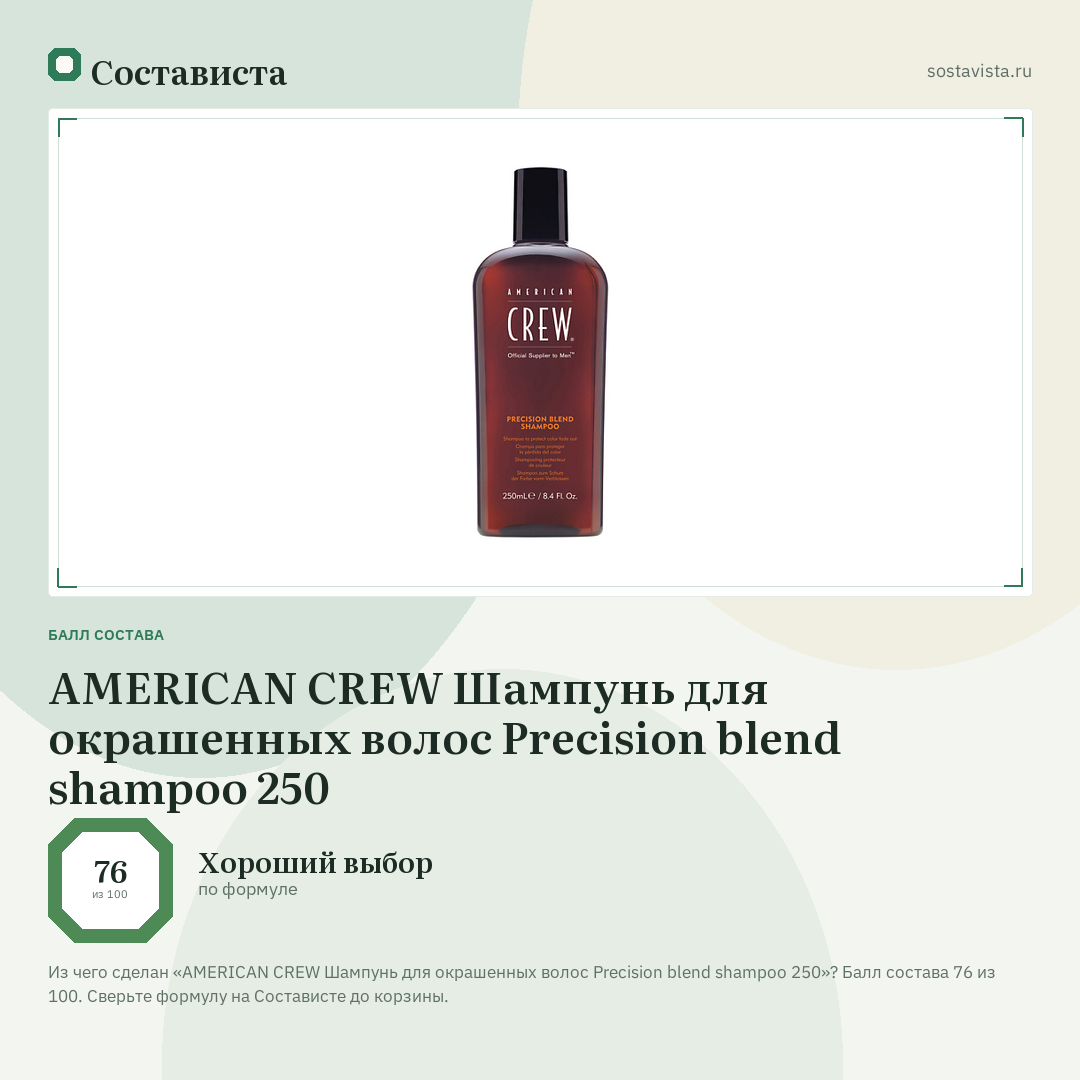 AMERICAN CREW Шампунь для окрашенных волос Precision blend shampoo 250: балл состава 76 из 100 — Состависта