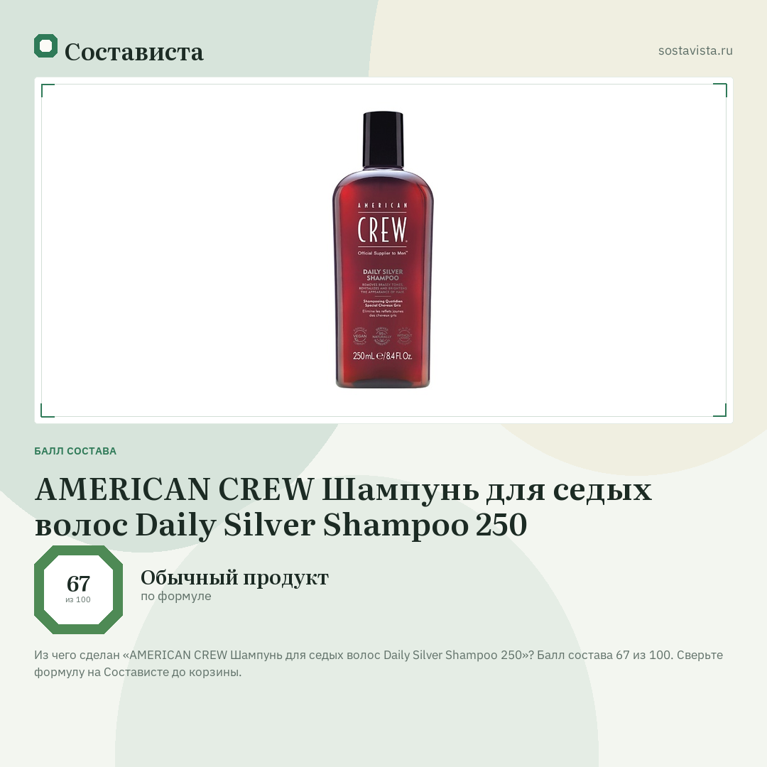AMERICAN CREW Шампунь для седых волос Daily Silver Shampoo 250: балл состава 67 из 100 — Состависта