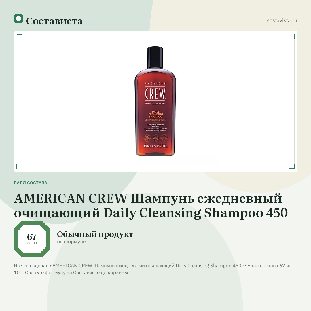 AMERICAN CREW Шампунь ежедневный очищающий Daily Cleansing Shampoo 450: балл состава 67 из 100 — Состависта