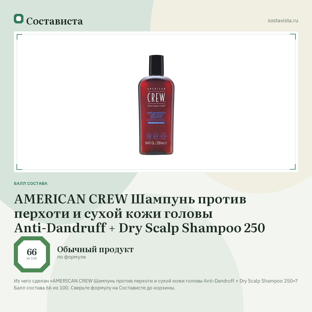AMERICAN CREW Шампунь против перхоти и сухой кожи головы Anti-Dandruff + Dry Scalp Shampoo 250: балл состава 66 из 100 — Состависта