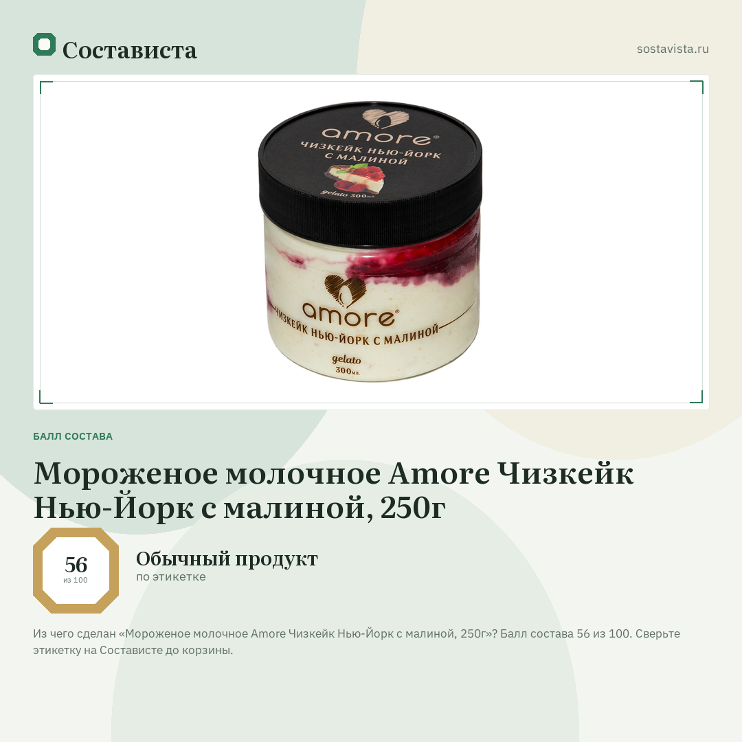 Мороженое молочное Amore Чизкейк Нью-Йорк с малиной, 250г: балл состава 56 из 100 — Состависта