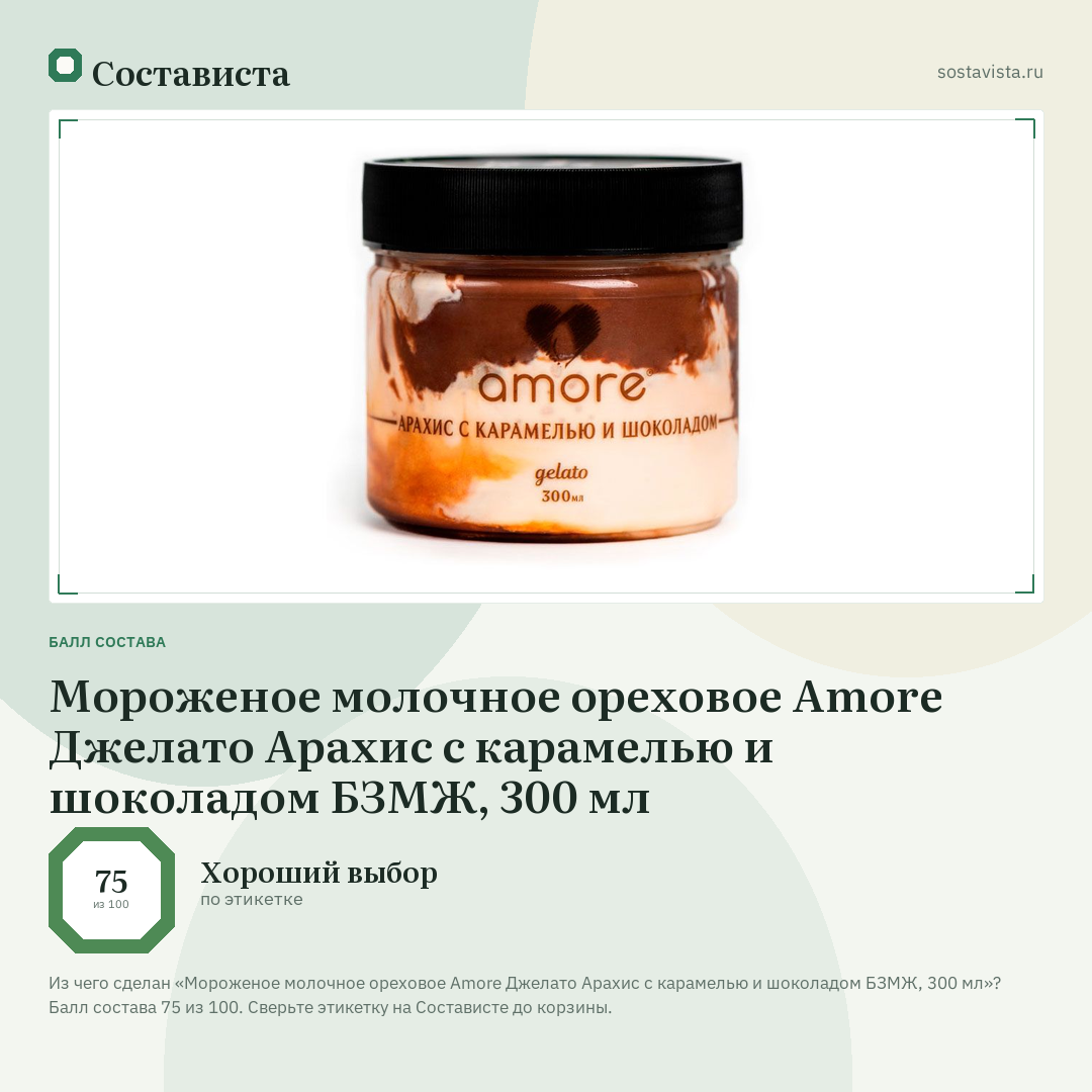 Мороженое молочное ореховое Amore Джелато Арахис с карамелью и шоколадом БЗМЖ, 300 мл: балл состава 75 из 100 — Состависта