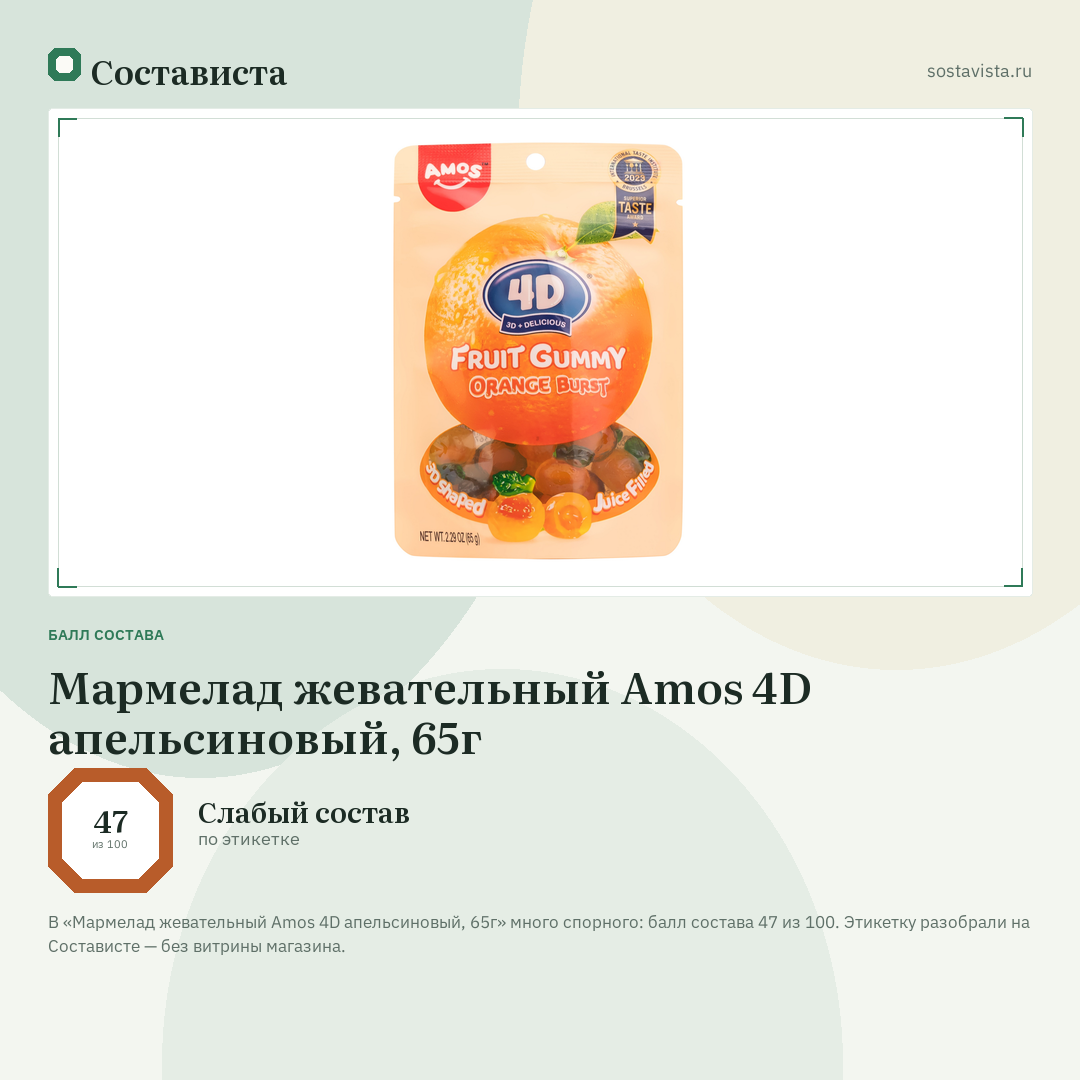Мармелад жевательный Amos 4D апельсиновый, 65г: балл состава 47 из 100 — Состависта