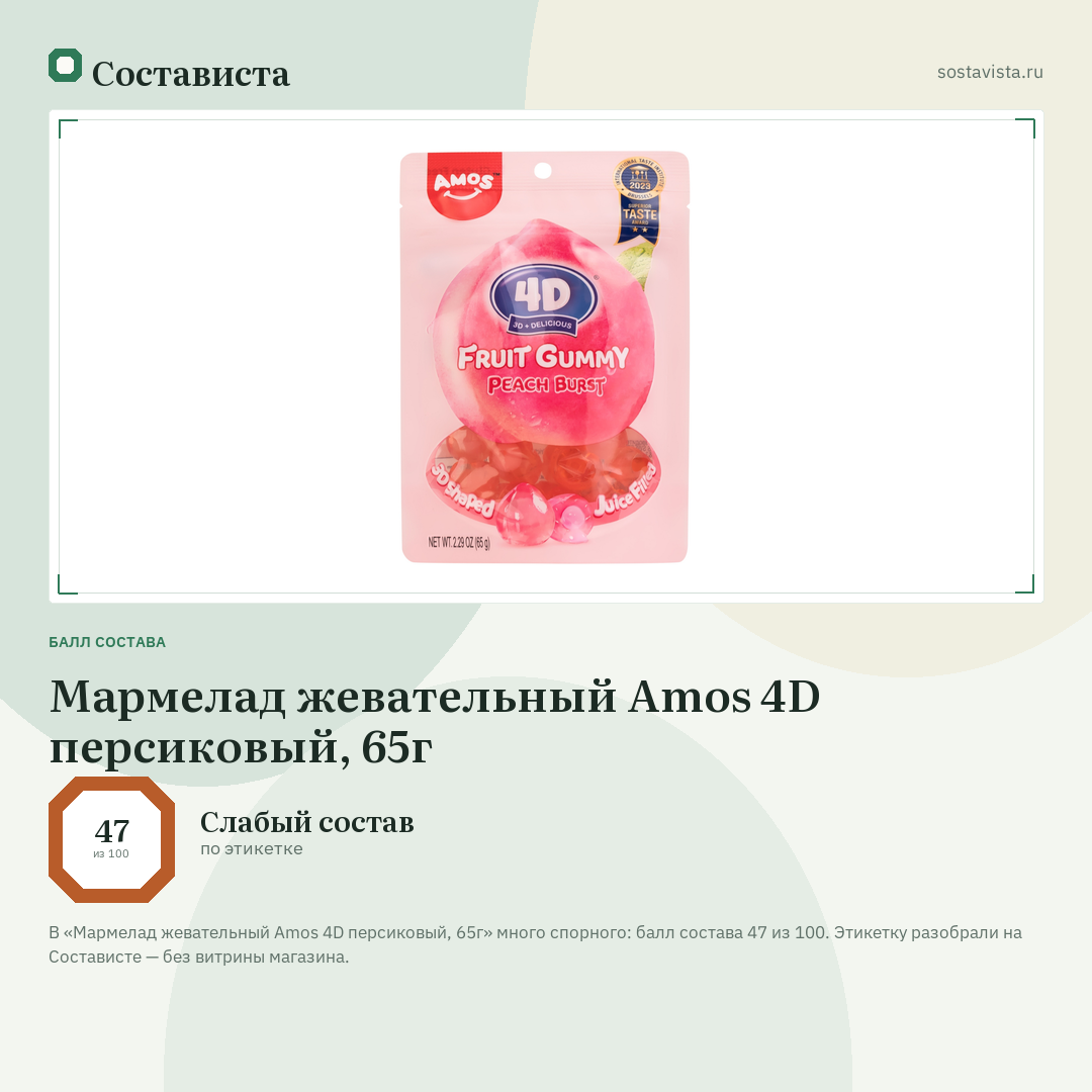 Мармелад жевательный Amos 4D персиковый, 65г: балл состава 47 из 100 — Состависта