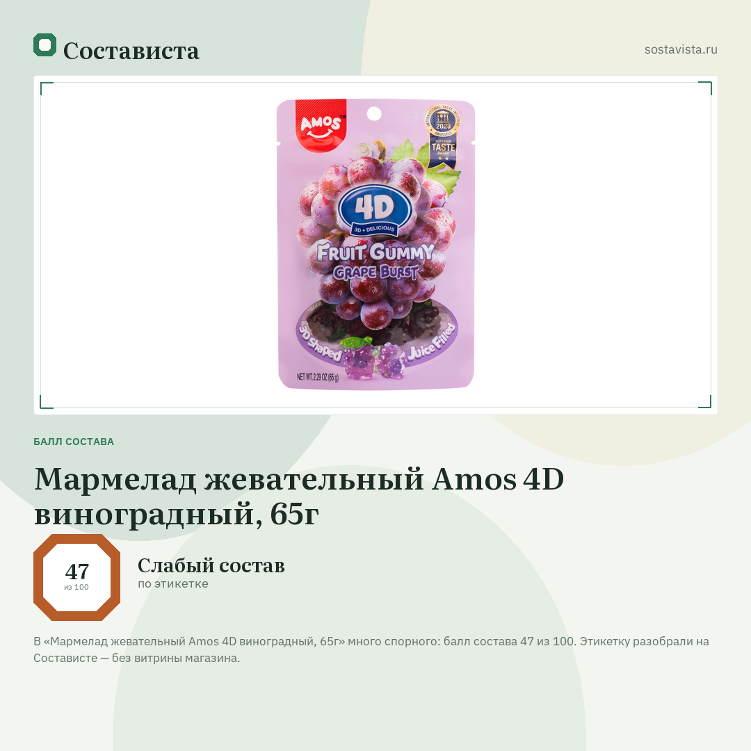 Мармелад жевательный Amos 4D виноградный, 65г: балл состава 47 из 100 — Состависта