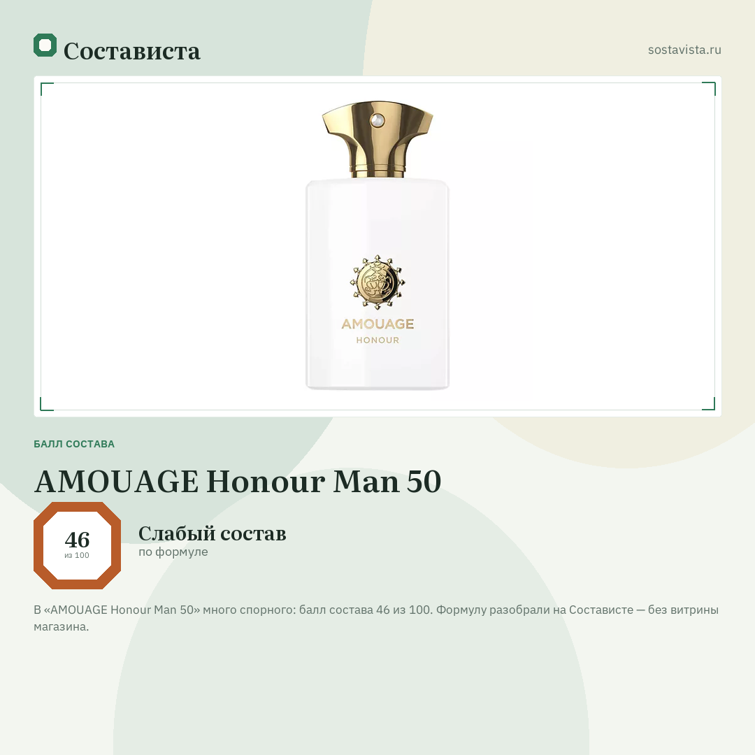 AMOUAGE Honour Man 50: балл состава 46 из 100 — Состависта
