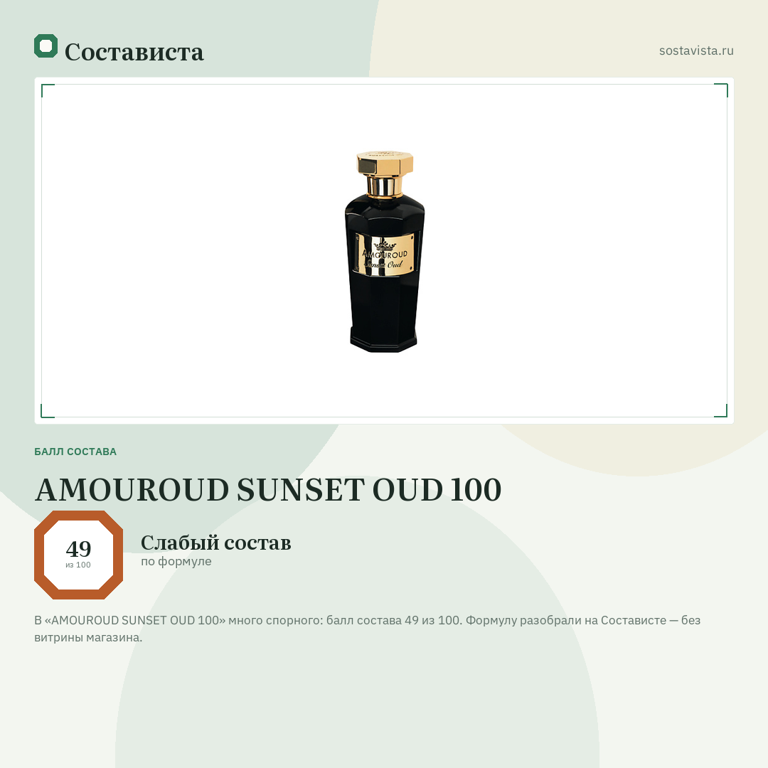 AMOUROUD SUNSET OUD 100: балл состава 49 из 100 — Состависта