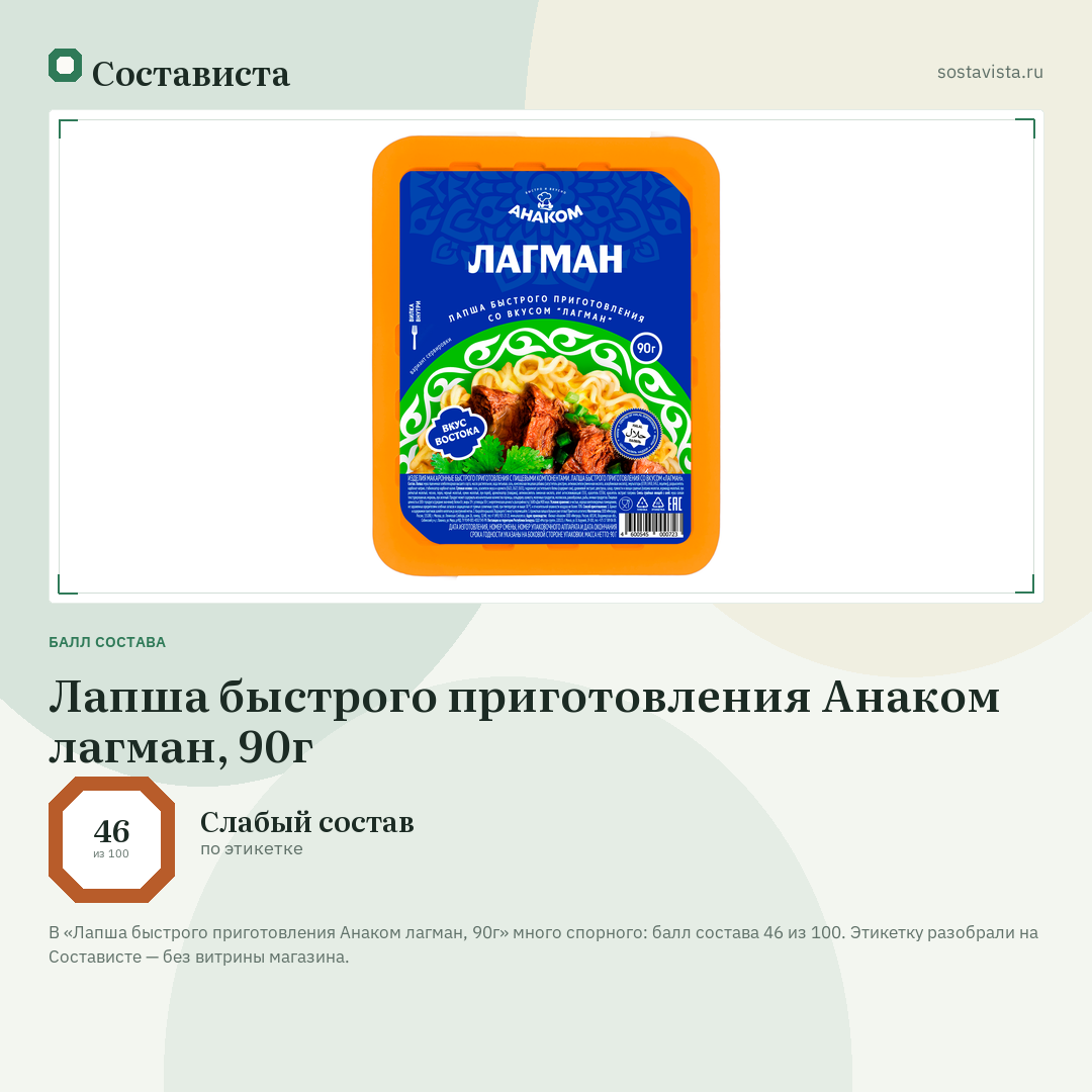Лапша быстрого приготовления Анаком лагман, 90г: балл состава 46 из 100 — Состависта