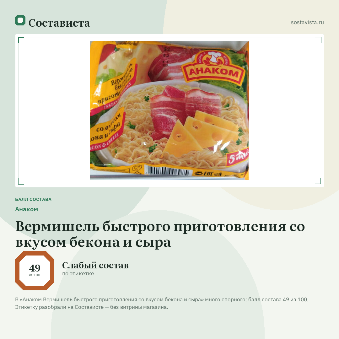 Анаком Вермишель быстрого приготовления со вкусом бекона и сыра: балл состава 49 из 100 — Состависта