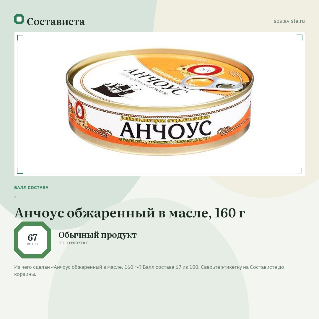 Анчоус обжаренный в масле, 160 г: балл состава 67 из 100 — Состависта