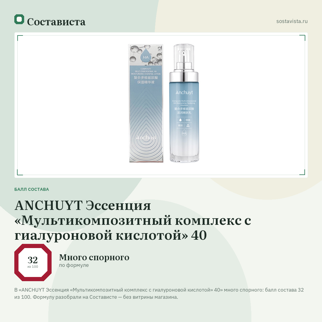 ANCHUYT Эссенция «Мультикомпозитный комплекс с гиалуроновой кислотой» 40: балл состава 32 из 100 — Состависта