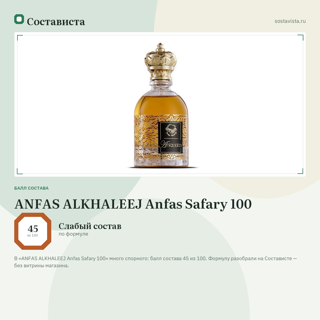 ANFAS ALKHALEEJ Anfas Safary 100: балл состава 45 из 100 — Состависта