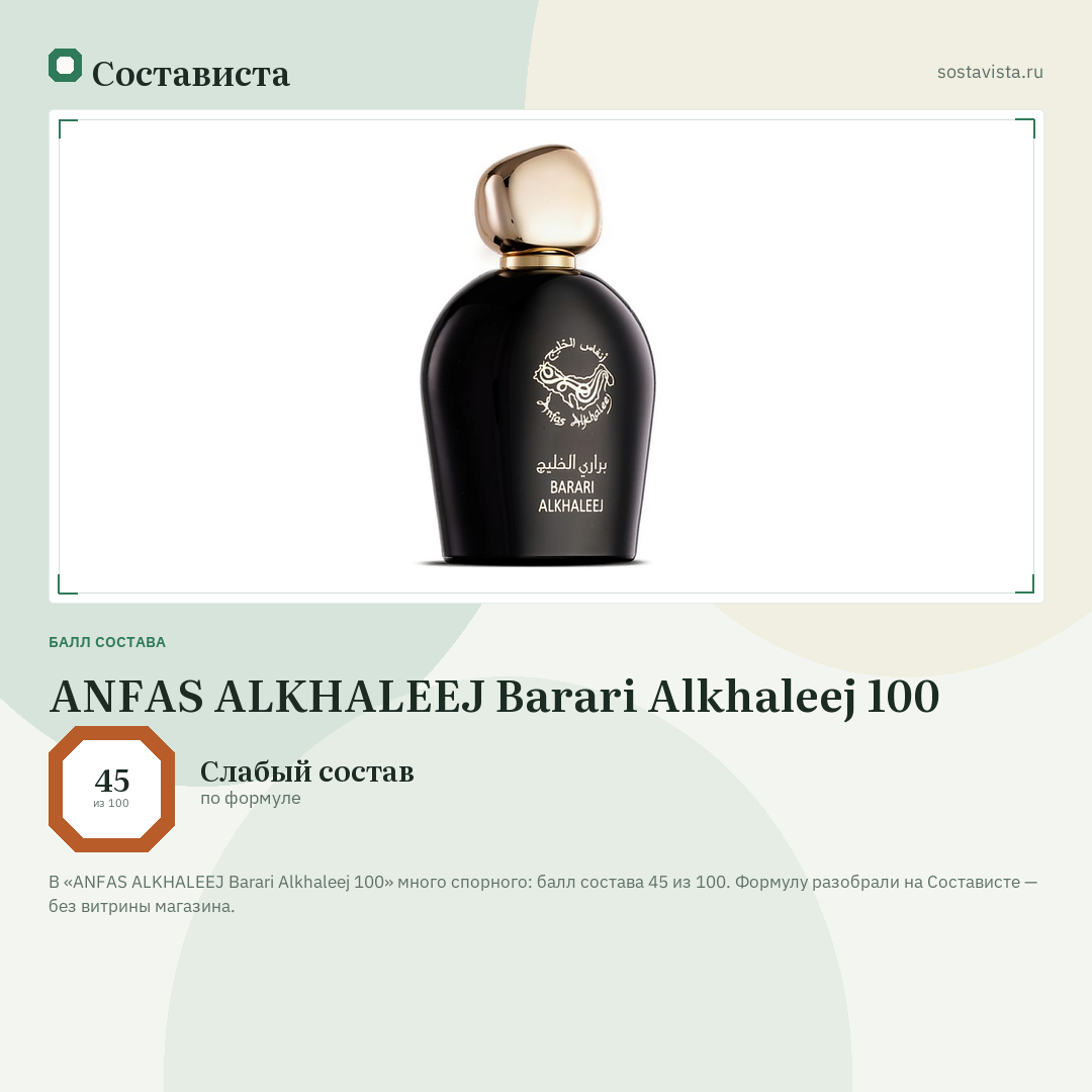ANFAS ALKHALEEJ Barari Alkhaleej 100: балл состава 45 из 100 — Состависта