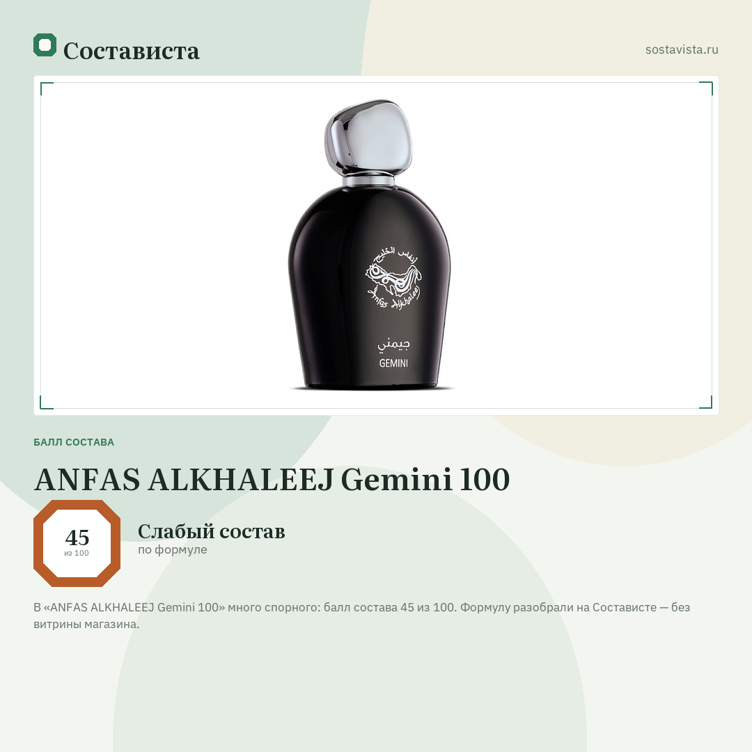 ANFAS ALKHALEEJ Gemini 100: балл состава 45 из 100 — Состависта
